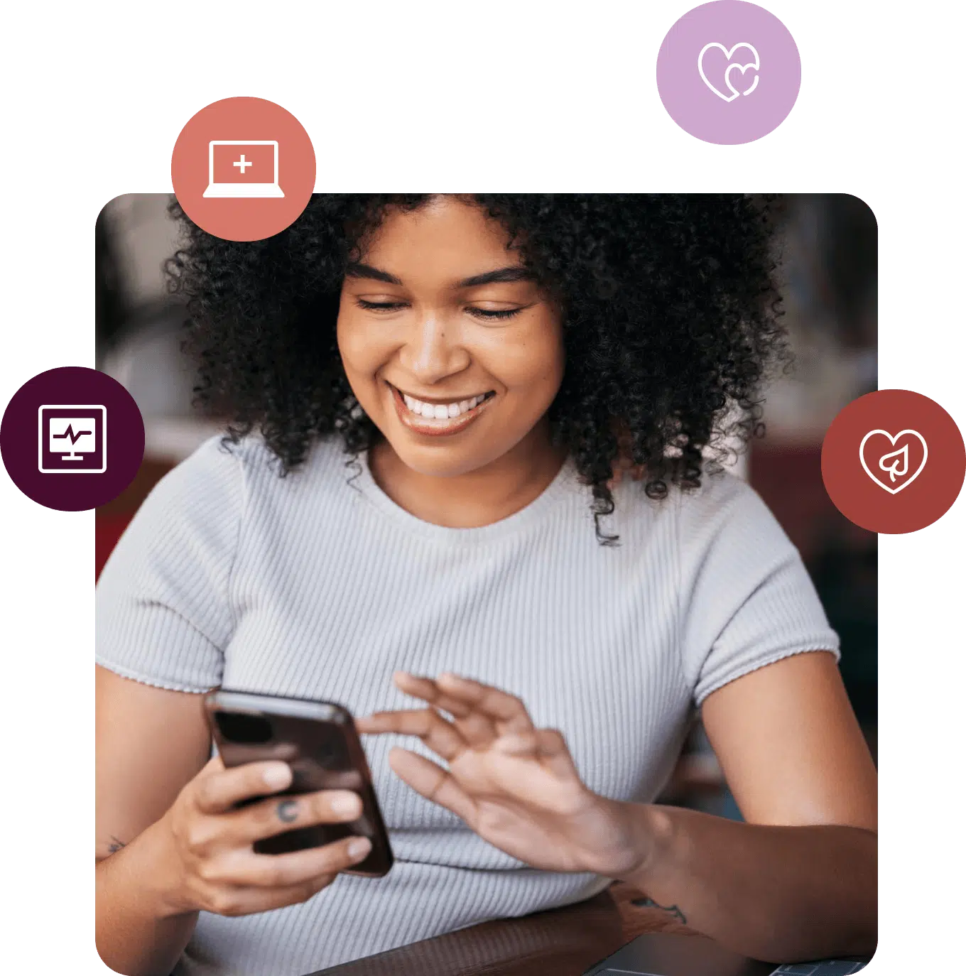 A woman smiling while using her smartphone, surrounded by floating health-related icons.
