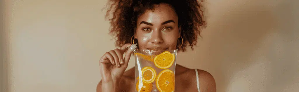 Smiling woman holding an IV therapy bag infused with citrus fruits – IV therapy in Tempe for hydration and wellness.