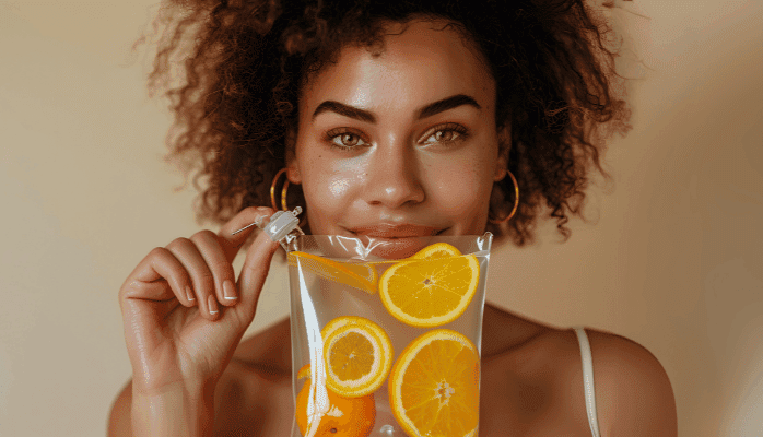 Smiling woman holding an IV therapy bag infused with citrus fruits – IV therapy in Tempe for hydration and wellness.